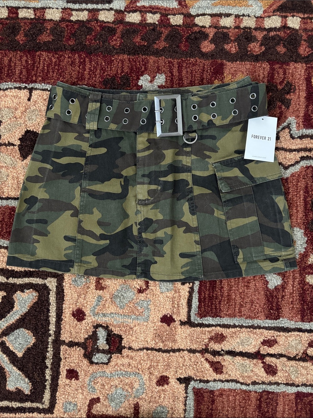 Forever 21 Olive Green Camo Utility Mini Skirt with Grommet Belt